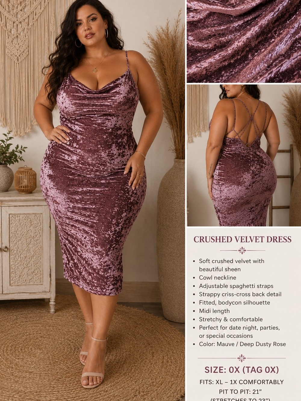 Forever 21 Mauve Crushed Velvet Cowl‎ Midi Dress